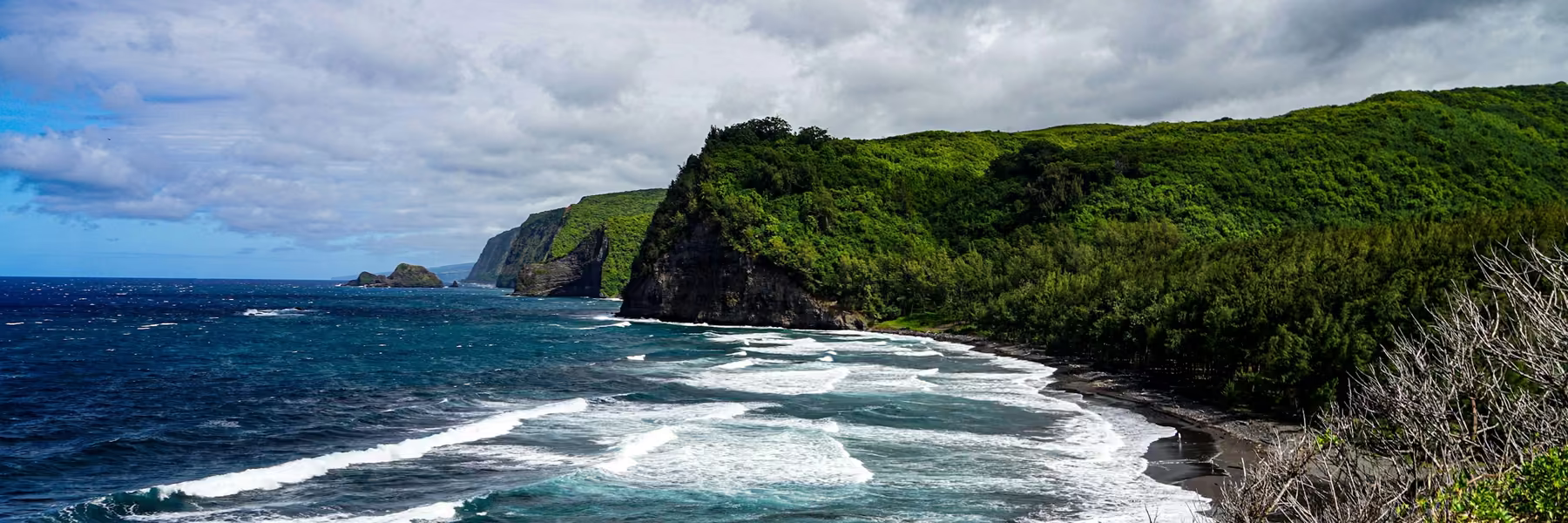 Deep blue open ocean meeting a black-sand shoreline, with layered green sea cliffs receding along the coast.