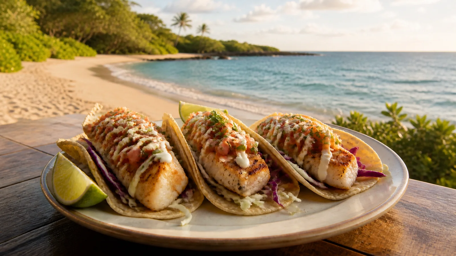Three grilled fish tacos on a ceramic plate with a sandy Hawaiʻi beach and ocean in the background.
